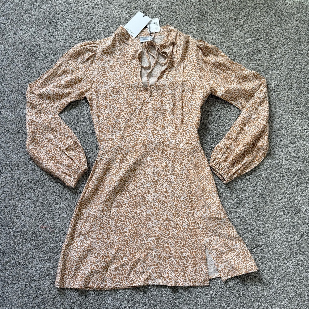 NWT Rue Stiic Free People Full Sleeve Brown Cream Printed Mini Dress Women’s XS